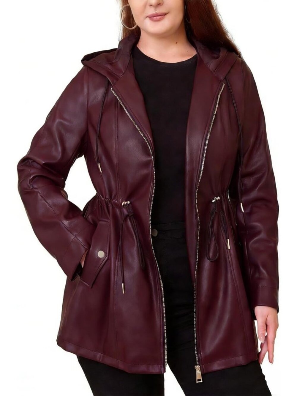 Women’s Purple Red  Faux Leather Hooded Long Moto Biker Jacket with Drawstring